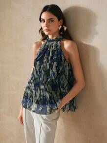 Anewsta Women's Fashionable Blouse, Lightweight Chiffon Halter Neck Backless Tie Strap Loose Casual Tank Top, Suitable For Spring, Summer, Valentine's Day - Blue - View 5