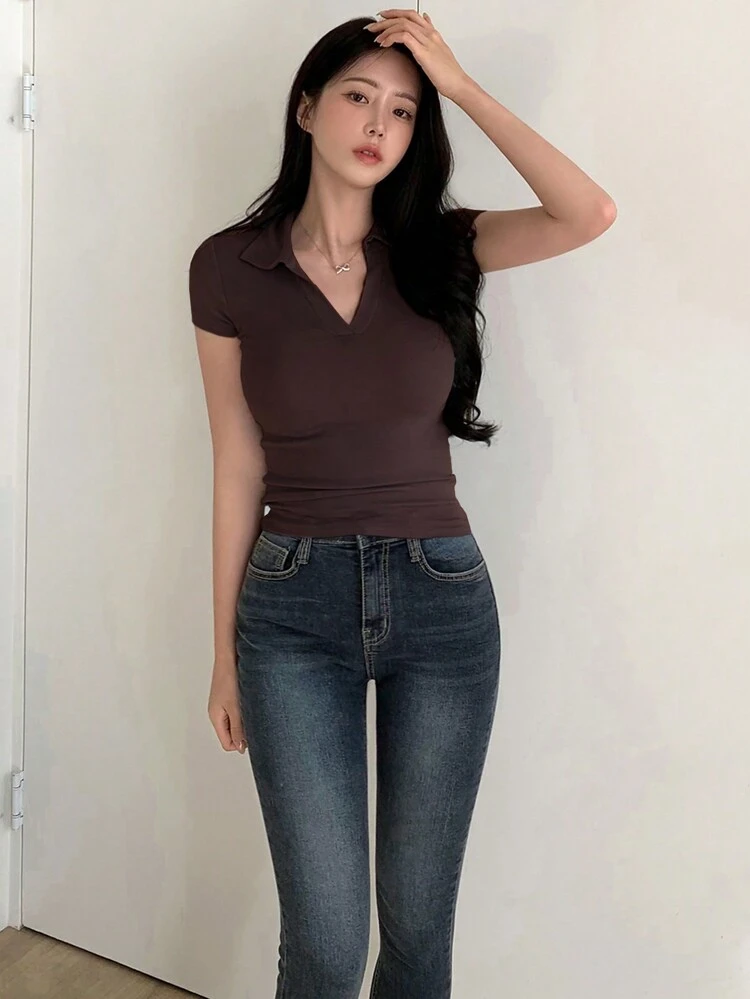 Ladies' Summer Casual Solid Color Slim Fit Polo Neck T-Shirt Basic Top,Business Casual Women Preppy Tops