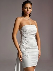 Faeriesty Floral Applique High Low Hem Formal Tube Dress - White - View 6