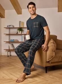Men Solid Tee & Plaid Pants PJ Set / Pajama Set - Olive Green - View 5