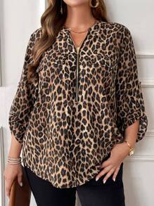 Miaspire Plus Leopard Print Roll Tab Sleeve Blouse - Multicolor - View 3