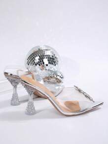 春夏新款仙女风杏色水晶水钻蝴蝶透明水晶尖头优雅派对水晶高跟凉鞋，9厘米高跟女士凉鞋 - 銀色 - 查看 5