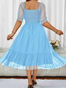 Sunnyshic Vestido de talla grande de chiffón con cuello cuadrado y mangas cortas