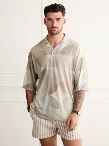 Forever 21 男士寬鬆幾何圖案透視Polo衫，米色 - 卡其色 - 查看 1