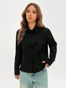 SHEIN EZwear Solid Dual Pocket Jacket For Spring & Summer - Black - View 6