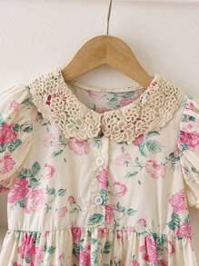 Young Girls Floral Print Contrast Lace Puff Sleeve Dress For Summer - Apricot - View 4