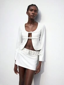 Maija Women's White Back To School U-Neck Button Accent Jacket - White - View 3