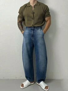 Men's Solid Color Short Sleeve Casual Shirt, Versatile For Spring Commuting - Army Green - View 4