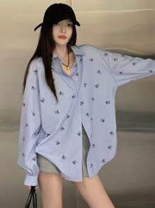 DAZY 女士长袖蝴蝶印花衬衫，配领结，秋季服装图案T恤 - 藍色 - 查看 7