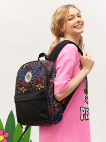 Mr Men Little Miss X SHEIN Black Cartoon And Letter Printed Fashionable Casual Backpack