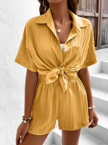 SHEIN LUNE Áo sơ mi và quần short có túi trễ vai cho kỳ nghỉ hè - Màu vàng - Xem 6
