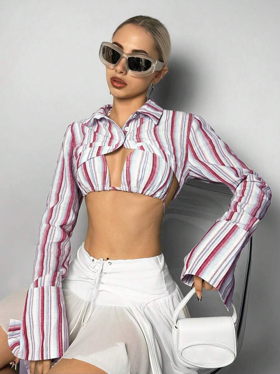 SHEIN ICON Áo thun hai mảnh sọc tam giác ôm vừa vặn và cúp ngực siêu ngắn dành cho nữ - Nhiều màu - Xem 1