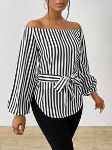 Zolique Women's Casual Striped Off-Shoulder Lantern Sleeve Blouse, Summer - Black and White - View 4