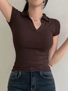 DAZY 女士夏季休闲纯色修身 Polo 领 T 恤基本款上衣，商务休闲女式学院风上衣