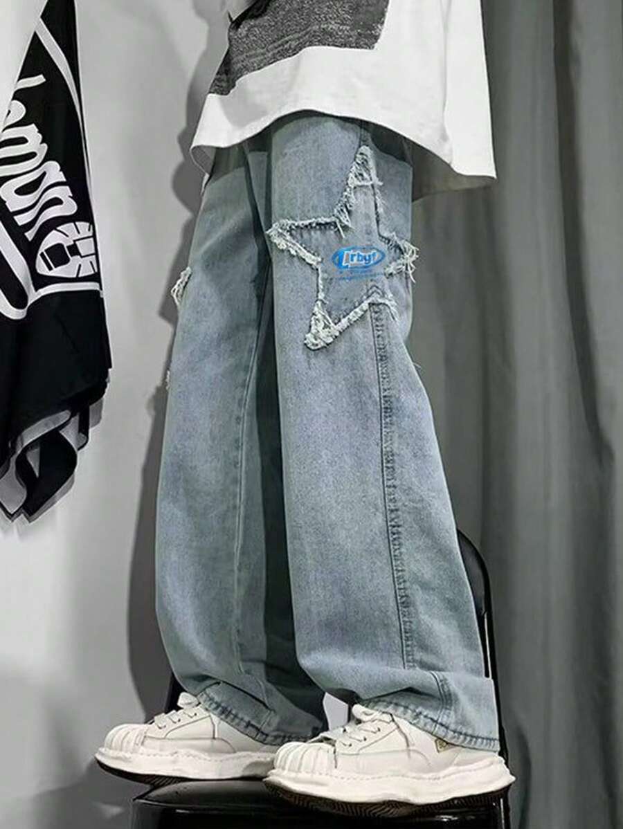 Men Star Patched Straight Leg Jeans - Blue - View 1