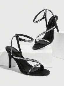 CUCCOO SZL Fashion Rhinestone Strap High Heel SandalsSexy Party Baddie Chic Gorgeous Style - Black - View 3