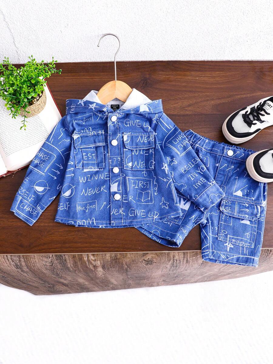 Baby Boy's Blue Casual Loose Fit Workwear Denim Two-Piece Set With Printed Digits And Pockets - Medium Wash - View 1