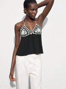 Maija Women's Casual Colorblock Knitted Top With Halter Neck - Black and White - View 7