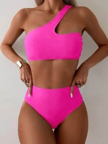 Swim Basics Summer Beach Plain One Shoulder High Waisted Bikini Set, Bathing Suit