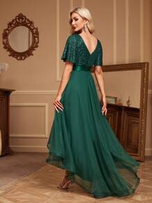 Vestido de cóctel con cuello en V, bajo asimétrico, con detalles de lentejuelas y malla en contraste de color, vestido de invitada de boda formal, vestido de ceremonia de graduación, vestido de noche - Verde Oscuro - Ver 2