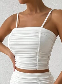 Allurite Summer Solid Color Pleated Casual Camisole Top - White - View 4