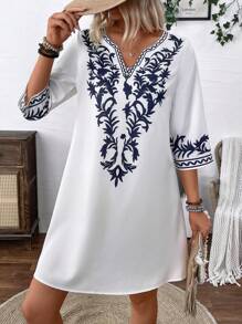 SHEIN LUNE Elegante vestido de manga 3/4 holgado con cuello en V - Blanco - Ver 5