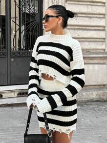 EURMUSE Women's Knitwear Pullover And Skirt With Distressed Knit Detail - Black and White - View 1