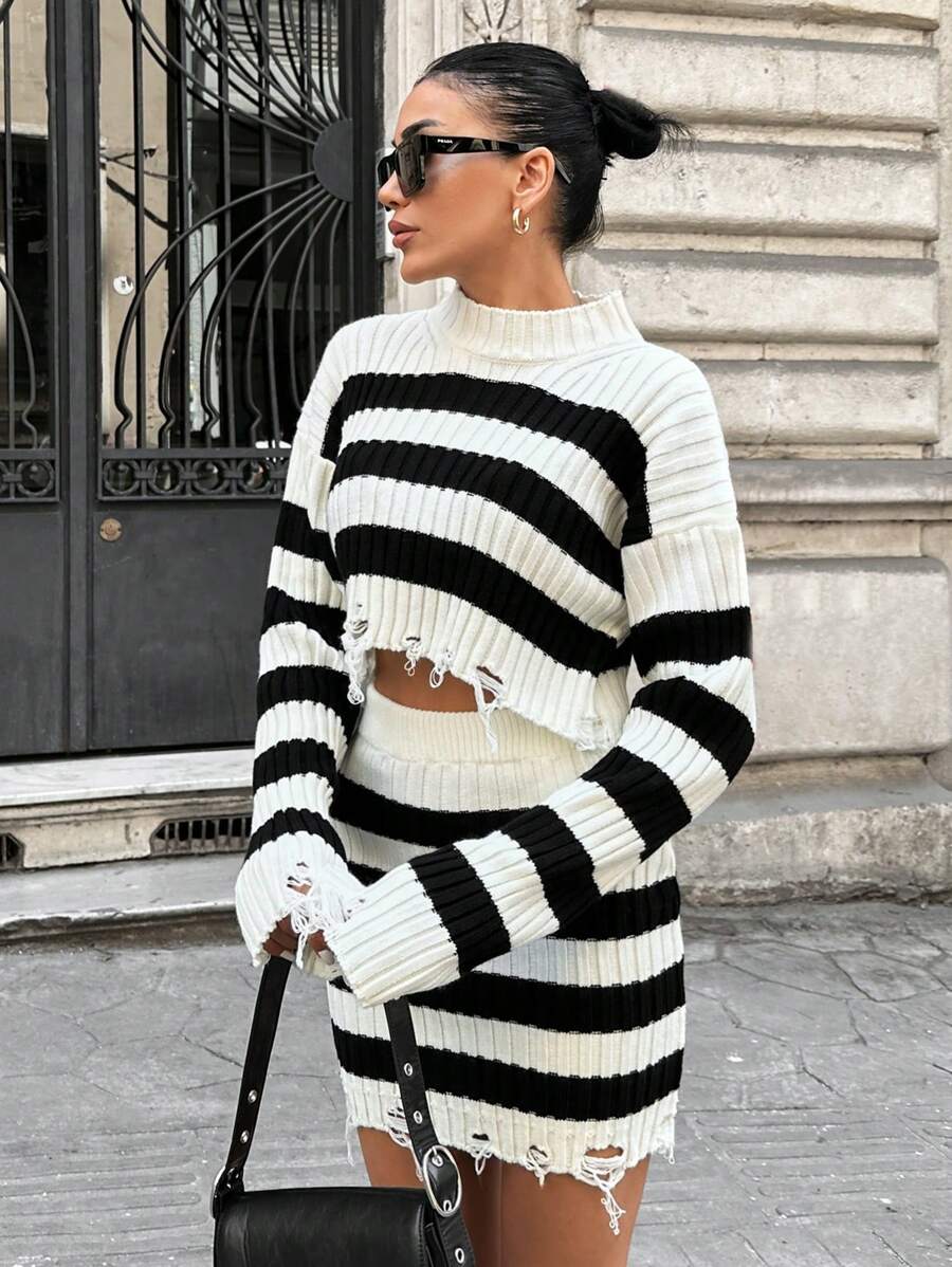 EURMUSE Women's Knitwear Pullover And Skirt With Distressed Knit Detail - Black and White - View 1