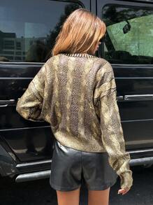 EURMUSE Knitwear Cable Design Foil Print Pullover - Black - View 5