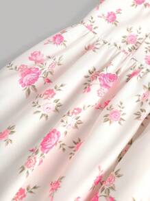 SHEIN Vestido elegante para adolescente con manga abullonada blanca y estampado floral rosado con cintura ajustada - Blanco - Ver 4