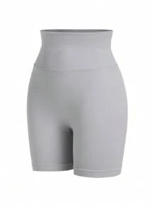 SHEIN Sports Shorts deportivos sin costuras de cintura alta y unicolor para el verano - Gris Claro - Ver 8