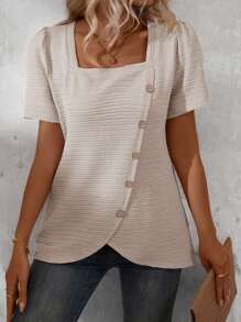 SHEIN LUNE Square Neck Textured Short Sleeve Casual T-Shirt - Apricot - View 4