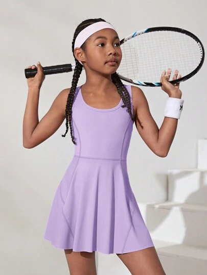 SHEIN 少女針織純色U領休閒運動連衣裙