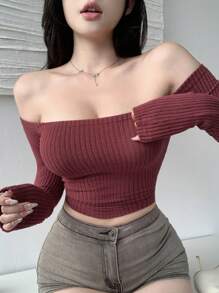 DAZY Women's Off-Shoulder Fitted T-Shirt, New Autumn Series Long Sleeve Women Tops - Burgundy - View 3