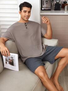 Men's Short-Sleeved And Long Pants Home Wear Set With Half-Zipper Collar And Solid Colors,  Couples Matching Outfits - Multicolor - View 2