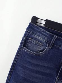 SHEIN 青少年男童蓝色舒适清爽深色水洗弹力修身牛仔裤，适合日常穿着和返校穿着 - 藍色 - 查看 4