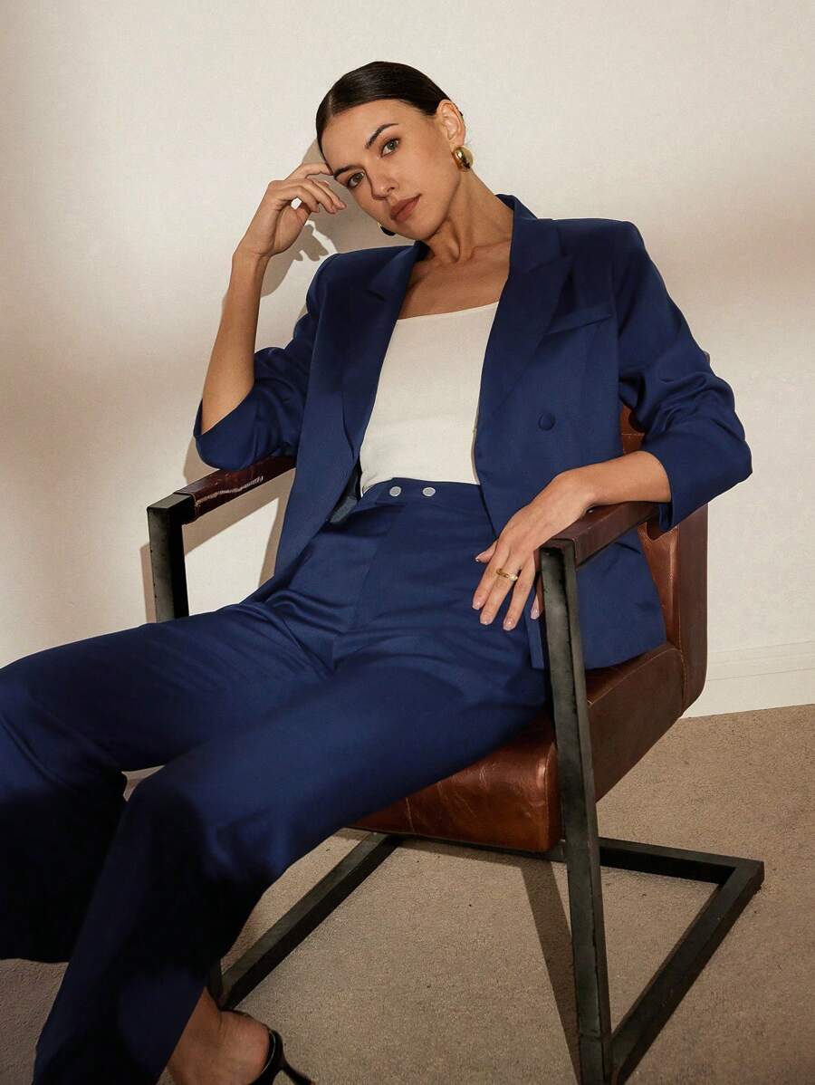 GENKIRA Bộ đồ công sở Slim Fit bất đối xứng màu xanh thời trang để đi lại - Màu xanh hải quân - Xem 1