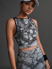 Streetz SHEIN Sport Top corto deportivo elástico de verano con cuello redondo, estampado de color teñido anudado - Negro - Ver 6