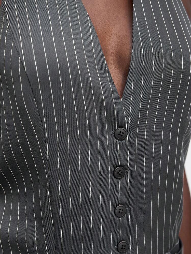 SHEIN Maija Grey Stripe Halter Back To School Dress For Women