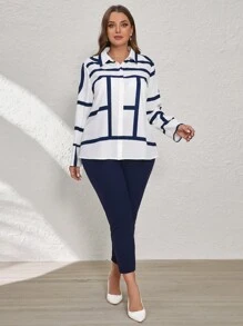 Chikora Plus Size Teacher Outfits Early Autumn Black & White Geometric Print Commuting Two-Piece Set - Blue and White - View 4