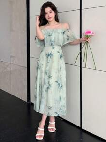 DAZY Elegant All-Over Floral Print Open Shoulder Cami Dress,Ruffle Off Shoulder Top Vacation Outfits Women Easter Maxi Dress - Green - View 6