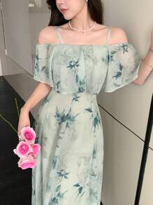 DAZY Elegant All-Over Floral Print Open Shoulder Cami Dress,Ruffle Off Shoulder Top Vacation Outfits Women Easter Maxi Dress - Green - View 7