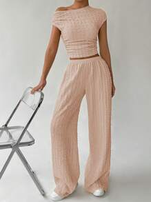 SHEIN EZwear 夏季實穿短袖上衣和寬腿褲 - 粉色 - 查看 6