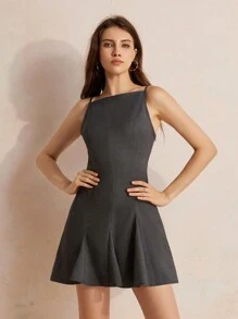 Chiquease Thiết kế đi lại không tay Đầm thanh lịch đa năng gợi cảm có viền lớn - Màu xám đen - Xem 4