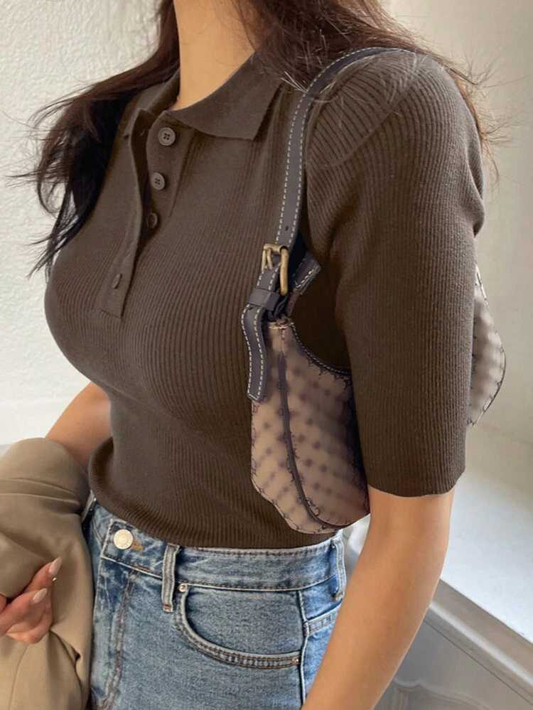 Women's Short Sleeve Polo Neck Half-Zip Knitted Sweater Summer Fall