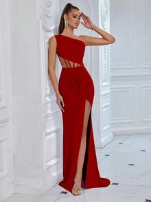 ADYCE 女士优雅单肩露腰镂空前开衩拖地派对礼服，适合舞会、生日派对、晚宴、约会、返校节派对、婚礼宾客、正式晚宴、家庭聚会等场合