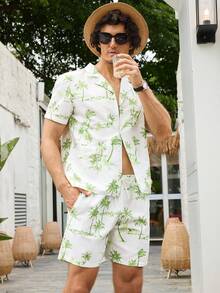 Manfinity Áo Sơ Mi & Quần Short Cổ In Họa Tiết Nhiệt Đới Cho Nam Đi Biển Mùa Hè - màu xanh lá - Xem 4
