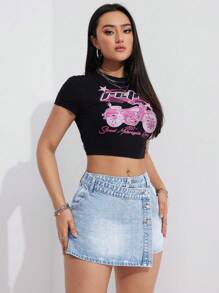 SHEIN EZwear Button Front Wrap Denim Mini Skirt - Light Wash - View 3