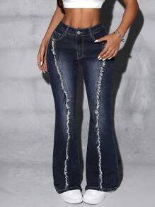 SHEIN ICON Frayed Patchwork Washed Denim Jeans - Dark Wash - View 2
