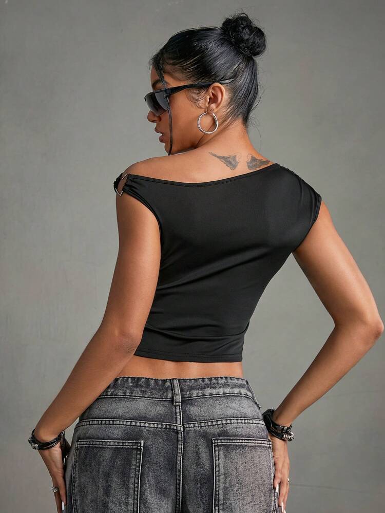 Asymmetrical Neck Ruched Sports Tee For Summer